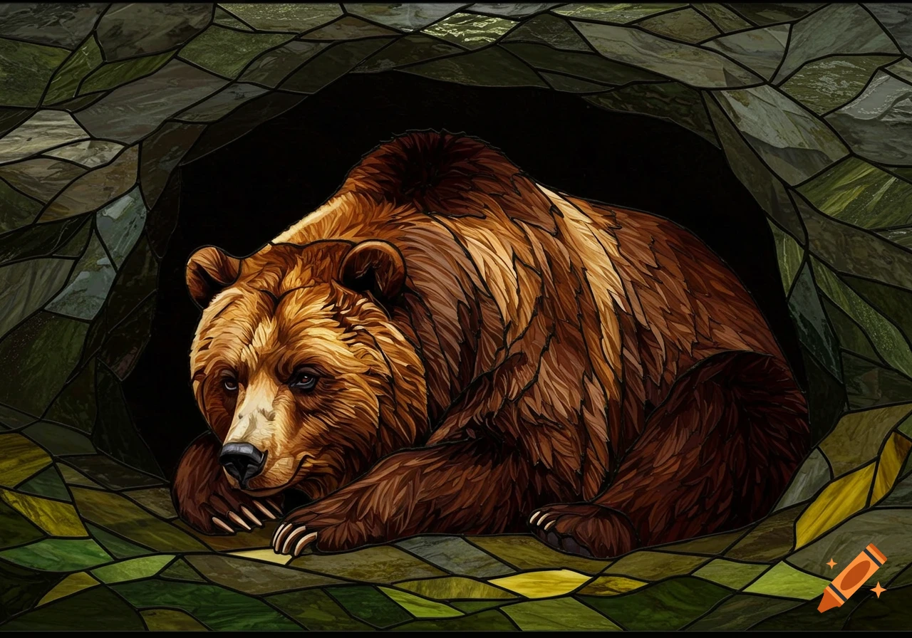 A brown bear rests in a dark den, depicted in a rich, multi-colored stained glass art style.