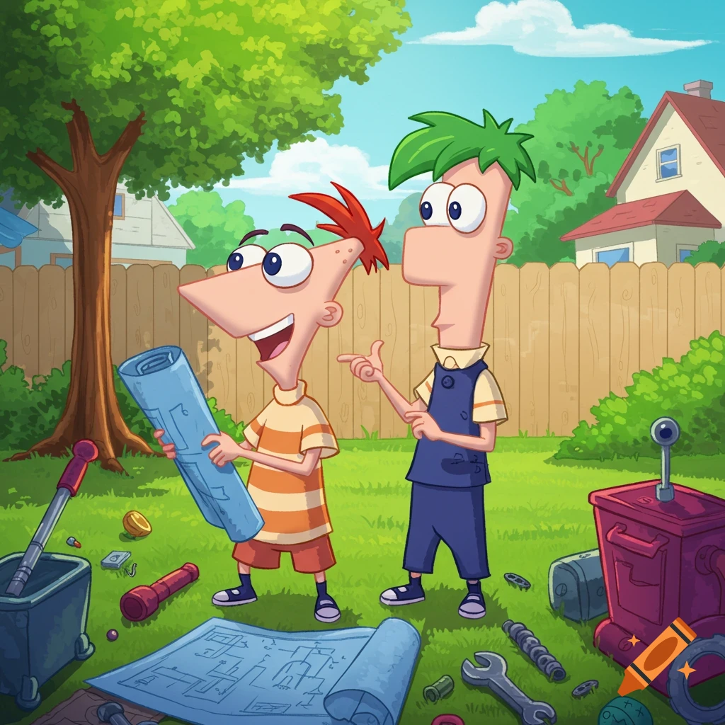 Phineas and Ferb stand in their backyard, surrounded by tools and blueprints, looking up excitedly.