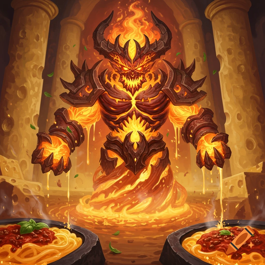 A fiery horned demon-like creature in armor stands over two bowls of spaghetti, dripping yellow liquid in a cheese-like hall, in a fantasy art style.