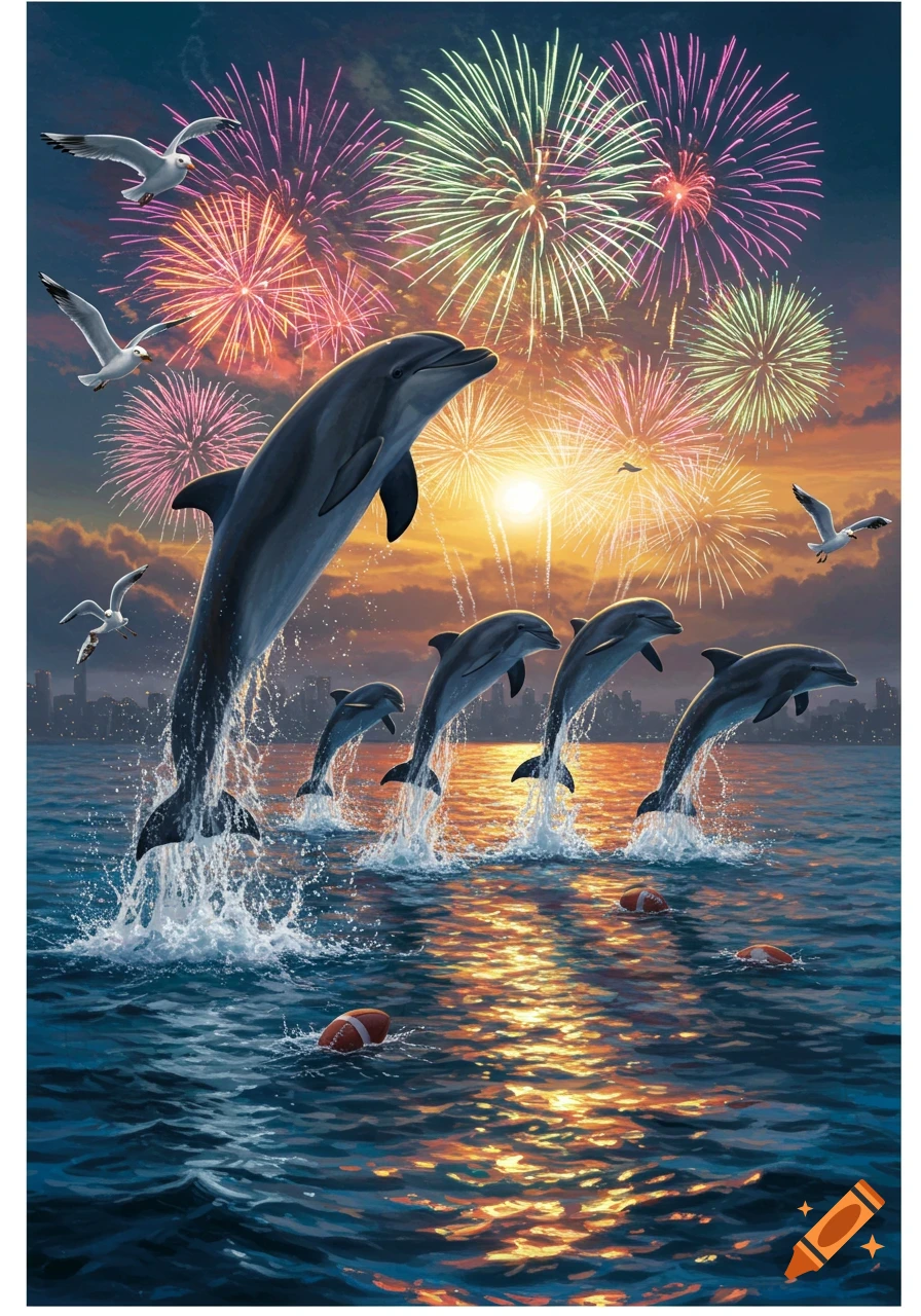 Dolphins leap from the ocean during a sunset fireworks display over a city, with seagulls flying and footballs floating in the water.