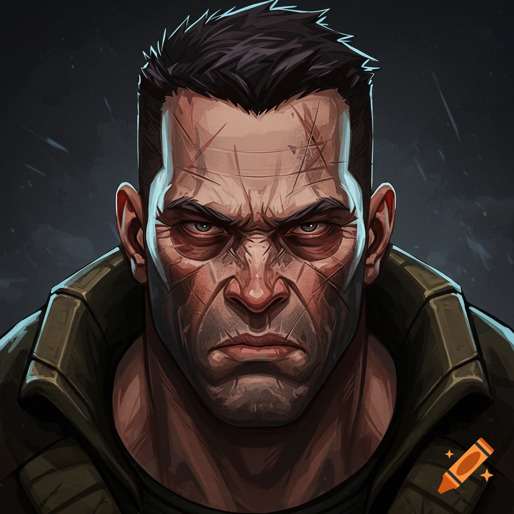 Animated portrait of a battle-worn soldier with a gritty, scratched face and an intense expression, in a stylized gaming avatar style.