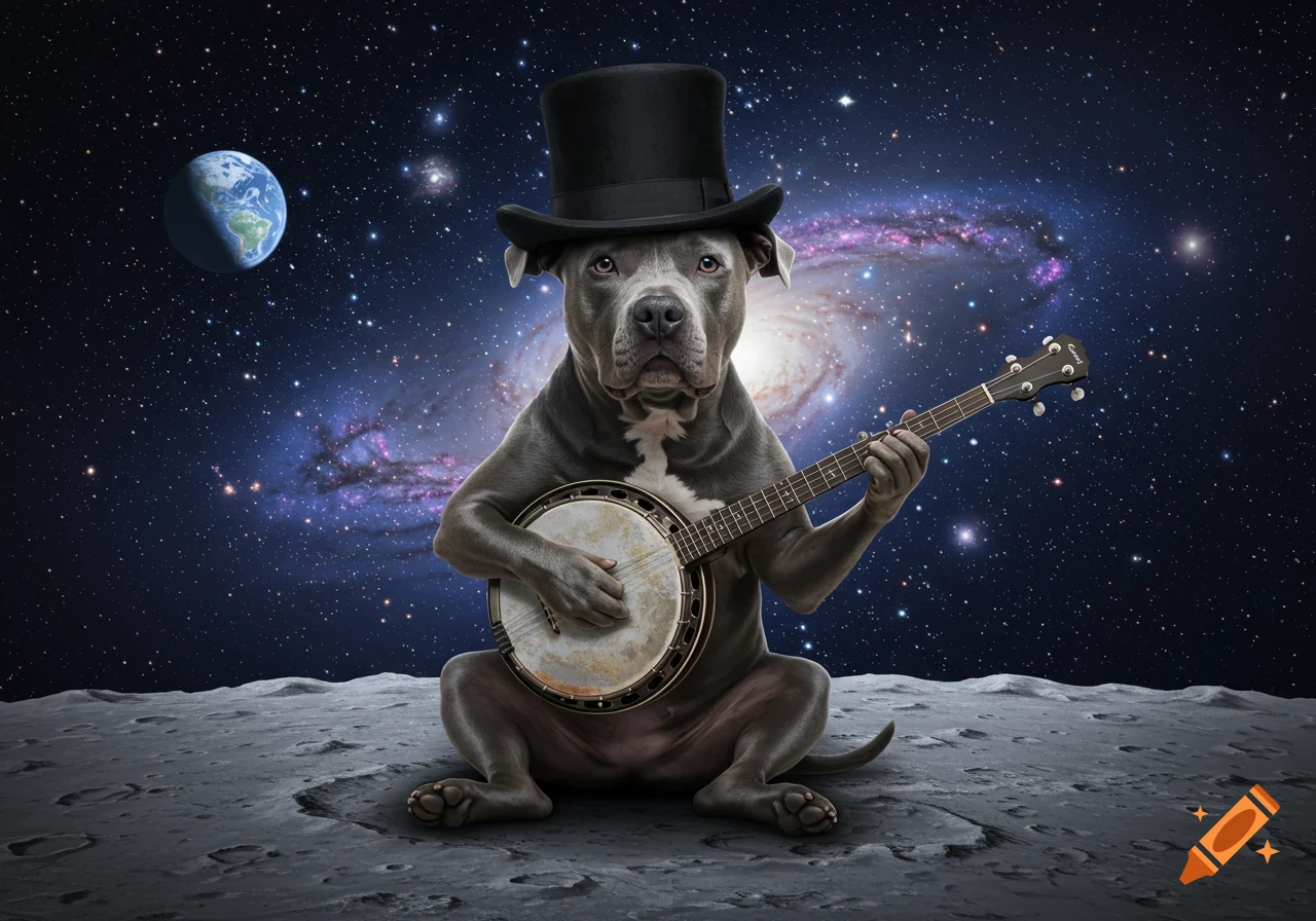 A grey pitbull in a tophat plays a banjo on the moon, with Earth and a galaxy visible in the starry background, photorealistic.