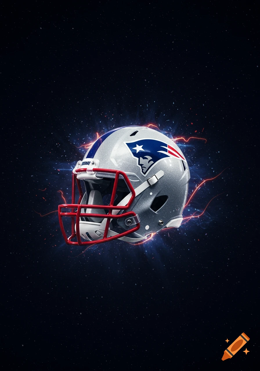 A New England Patriots football helmet, silver with a red facemask, glowing with blue and red lightning against a dark, starry background.