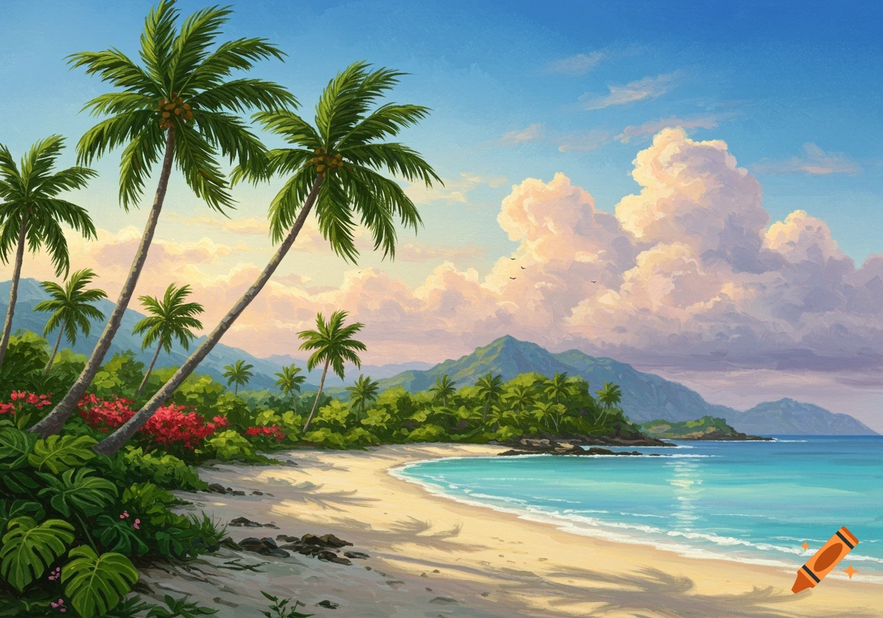 A vibrant painting of a tropical beach with palm trees, turquoise water, white sand, and lush green mountains under a blue sky.