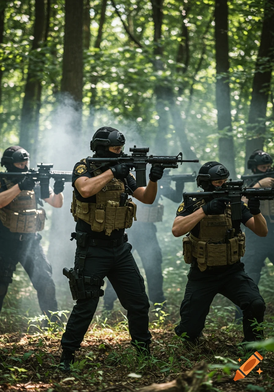 A group of people in tactical gear with rifles moving through a smoky forest.