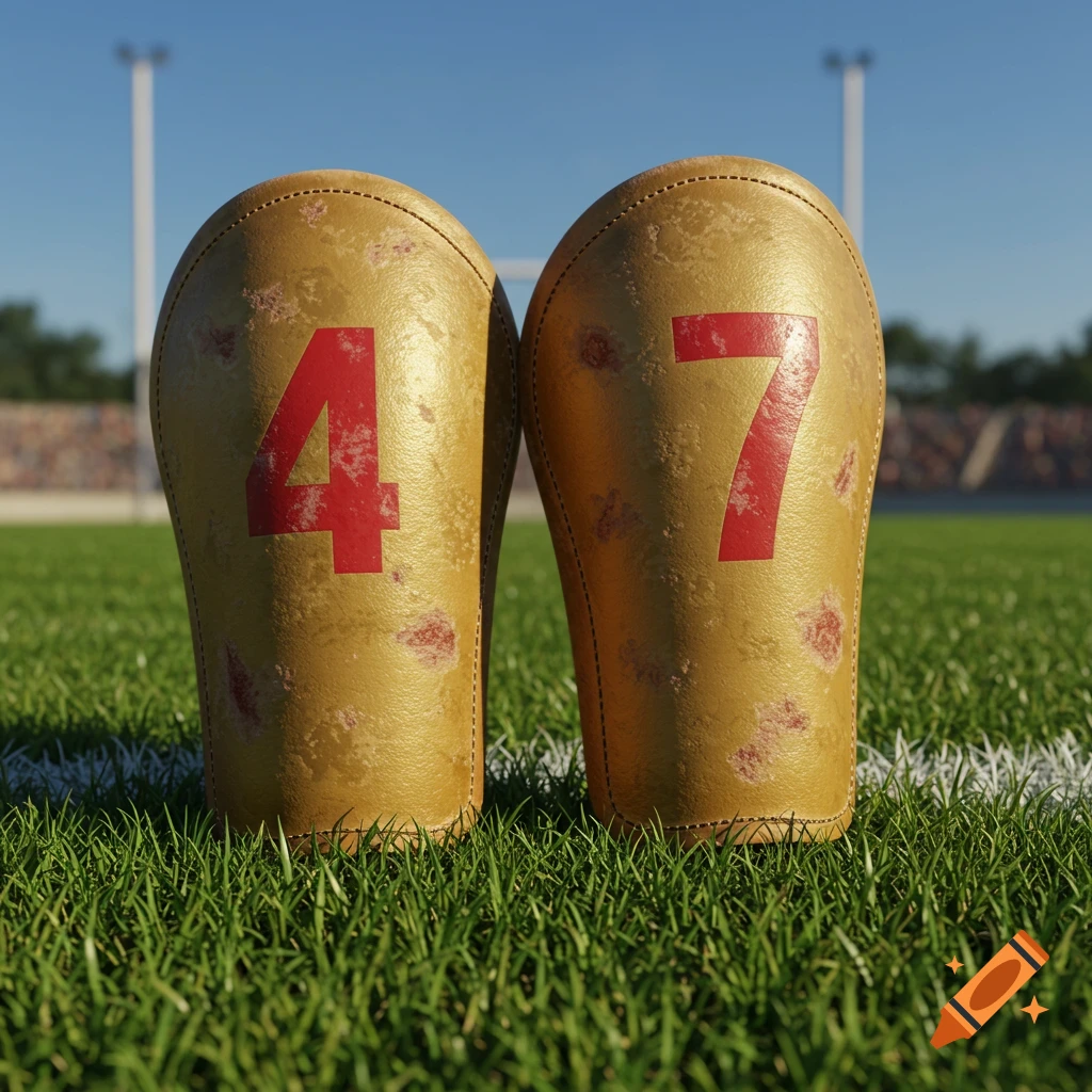 Well-worn gold soccer shin guards with red numbers 4 and 7 on a green grass field.