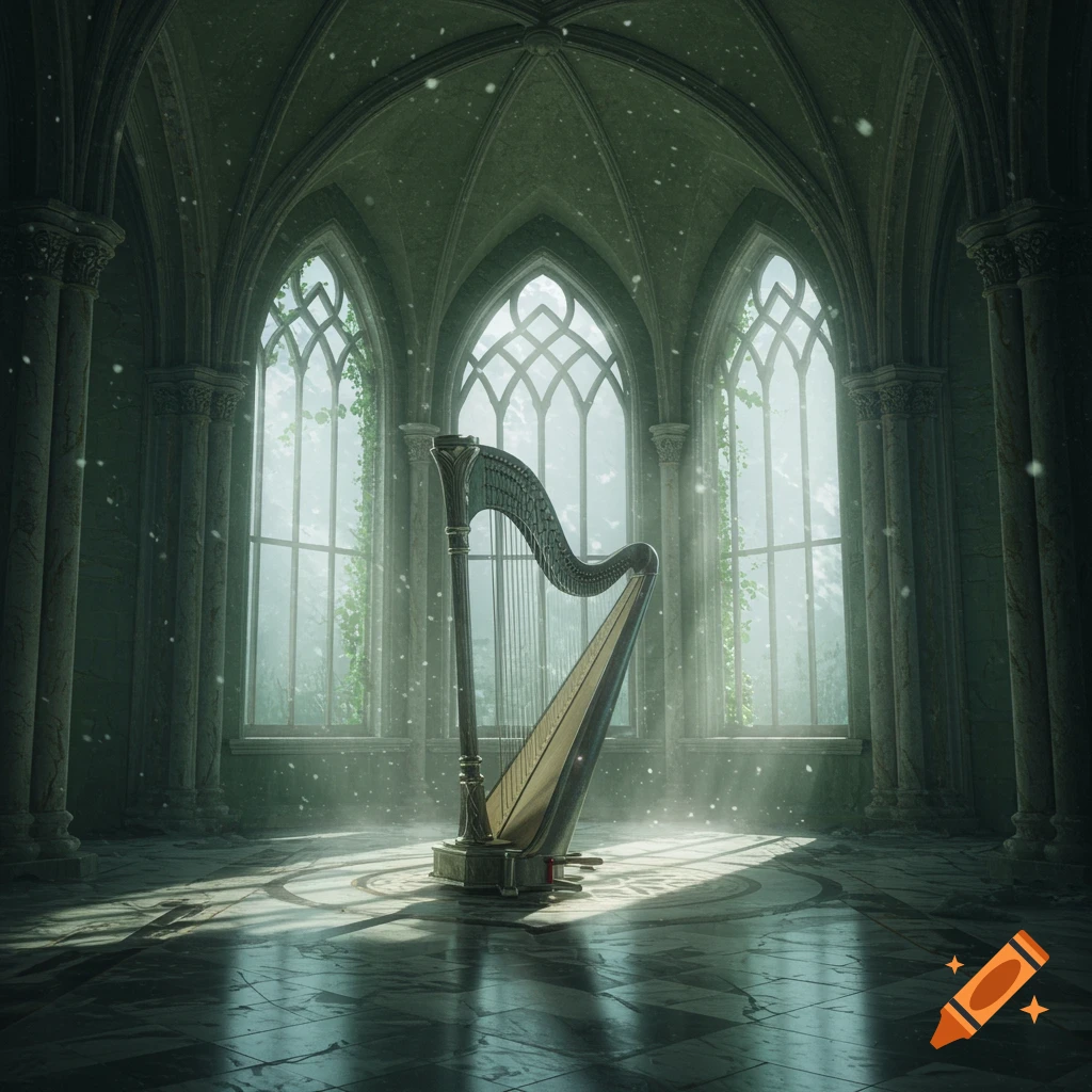 A large wooden harp stands in a sunlit, green-toned gothic castle room with tall arched windows.