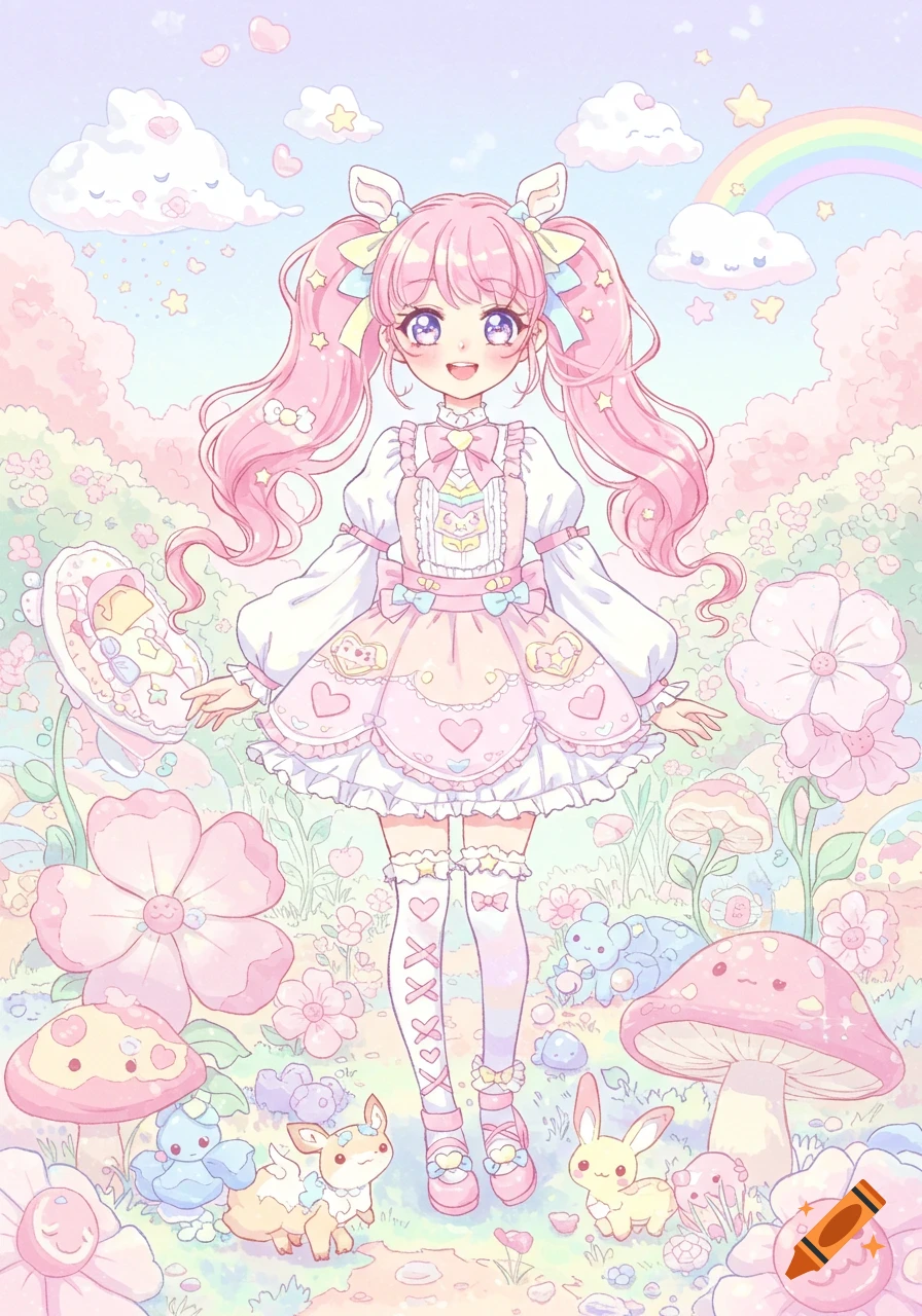 A pastel anime girl with pink pigtails and a frilly dress smiles in a field with cute animals, mushrooms, and a rainbow.
