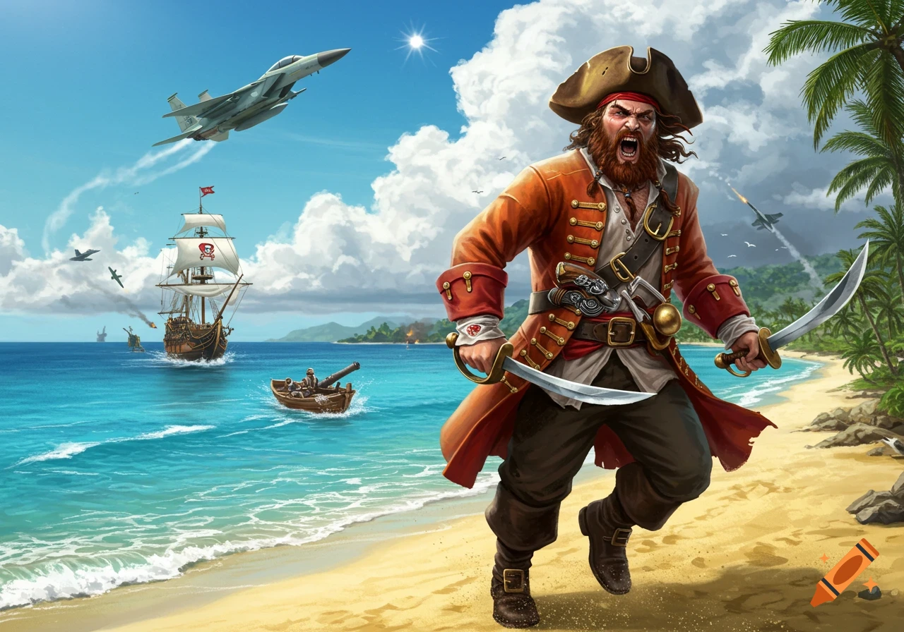 A red-bearded pirate runs on a tropical beach with two swords as a pirate ship fires cannons and fighter jets fly in a sunny sky.