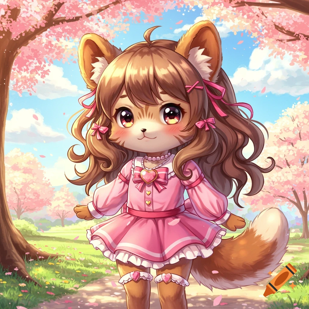 A cute anime-style animal girl with brown fur and long hair, wearing a pink dress, stands in a cherry blossom park.