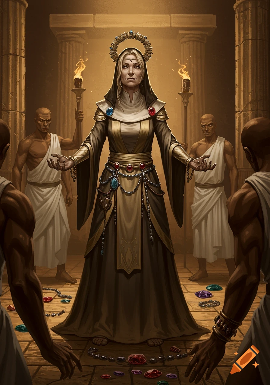 A woman in a long jeweled gown and crown stands with open hands in a torchlit temple, surrounded by men in togas and scattered gems.