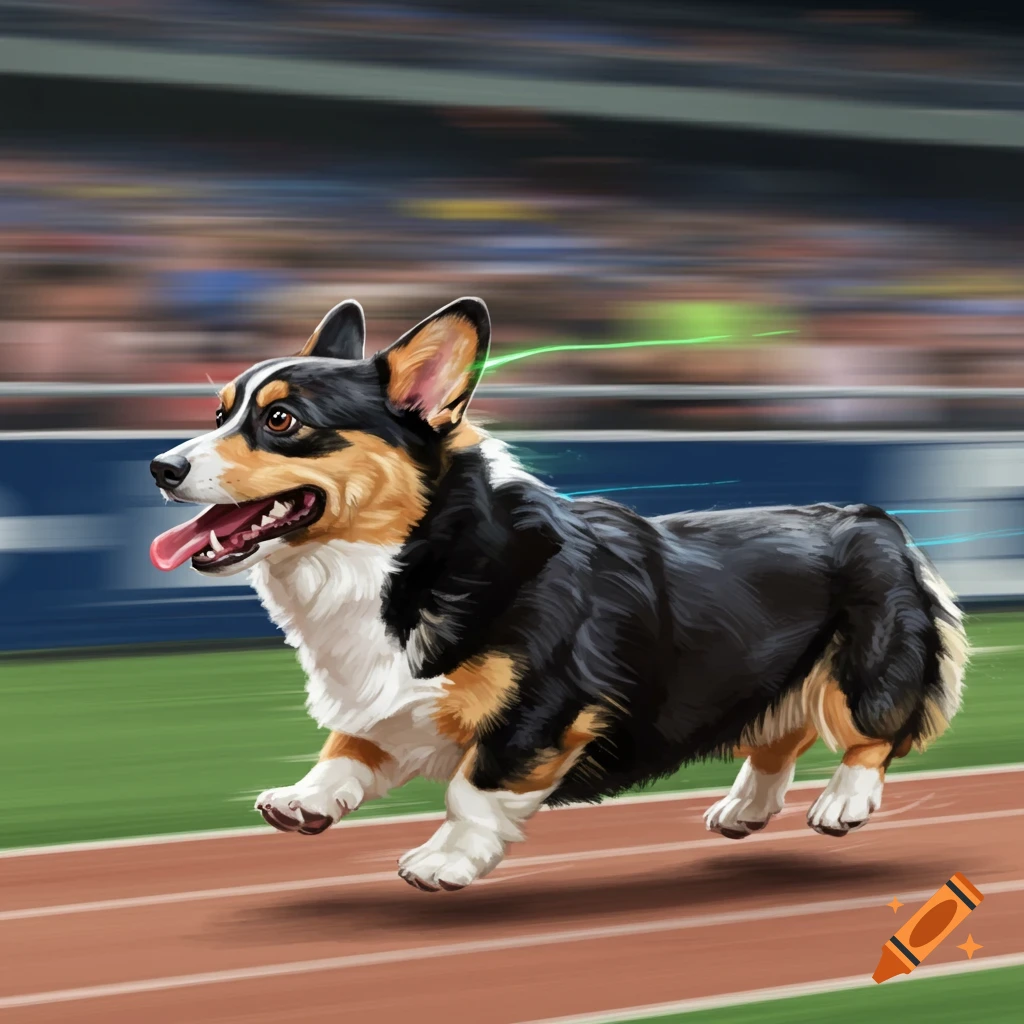 A tri-colored corgi with its tongue out runs on a track during a race, with a blurred stadium crowd in the background. Digital art.