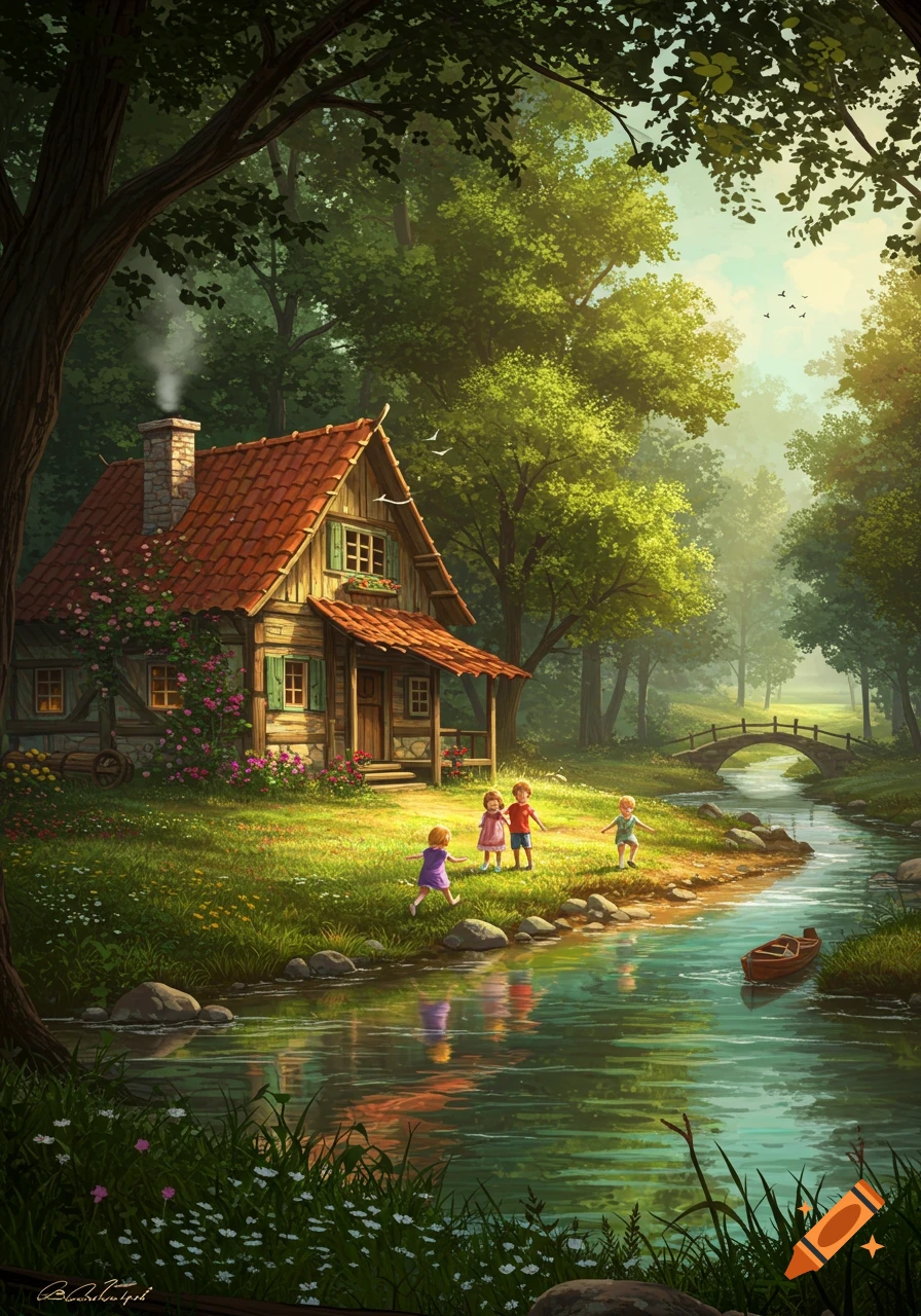 Vibrant illustration of a rustic house by a river in a sunlit forest. Children play on the bank, a boat floats on the water.
