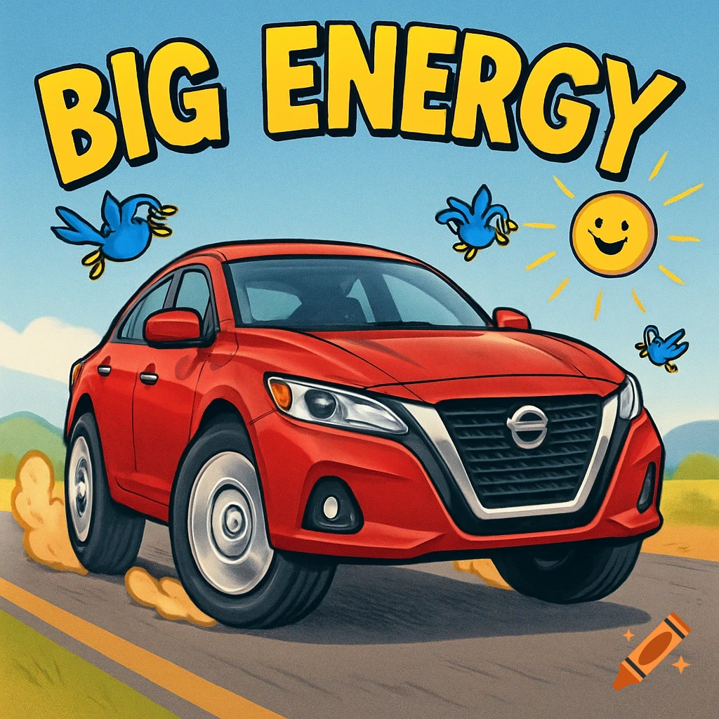 Cartoon illustration of a red car driving on a road under a blue sky with a smiling sun and birds. Yellow text 'BIG ENERGY' floats above.