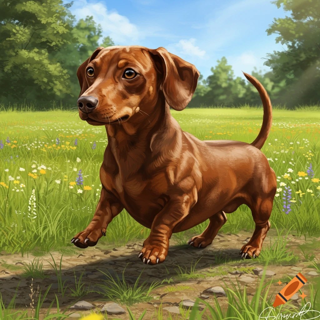 Brown dachshund-like dog standing in a grassy field with wildflowers under a blue sky.