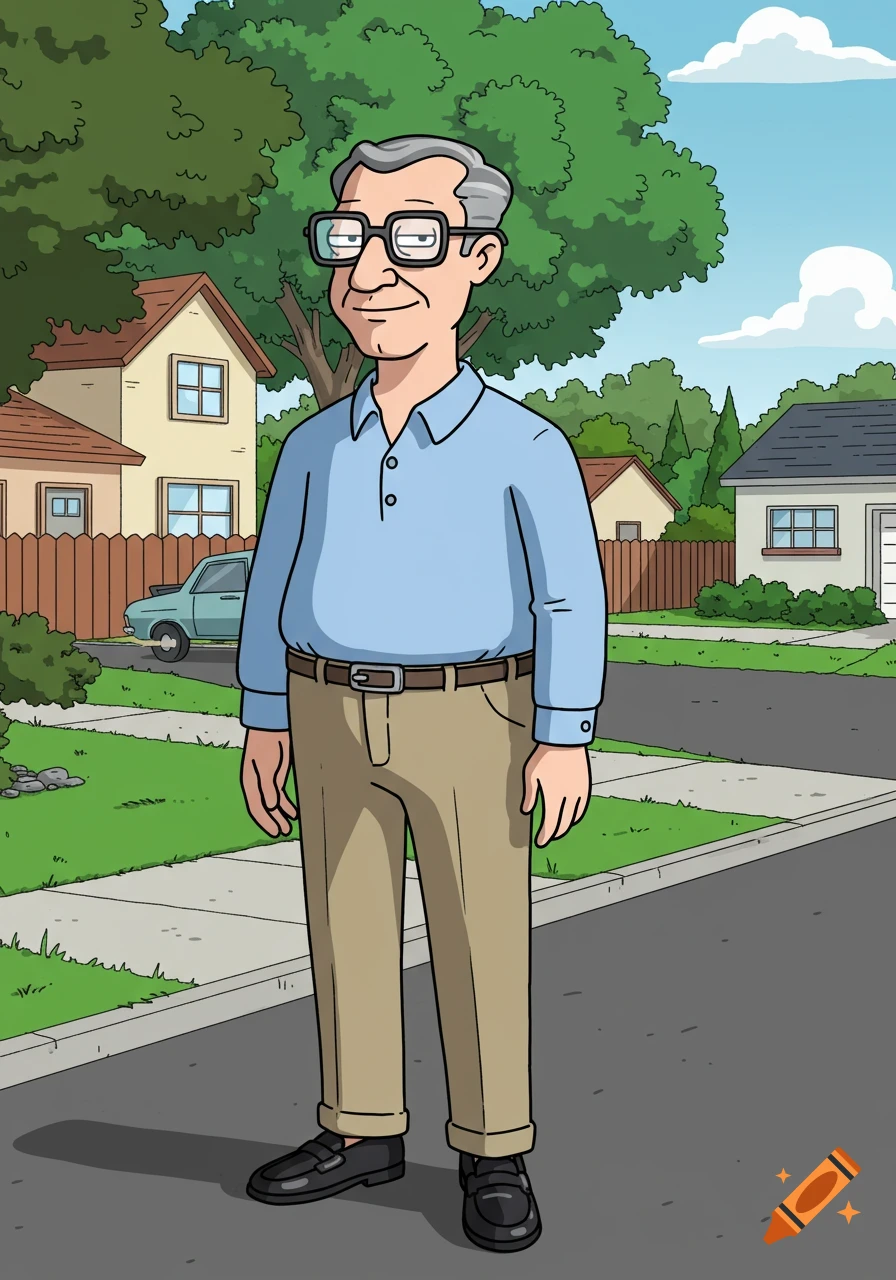 Cartoon of a middle-aged man with gray hair, glasses, blue polo, and khaki pants on a suburban sidewalk.