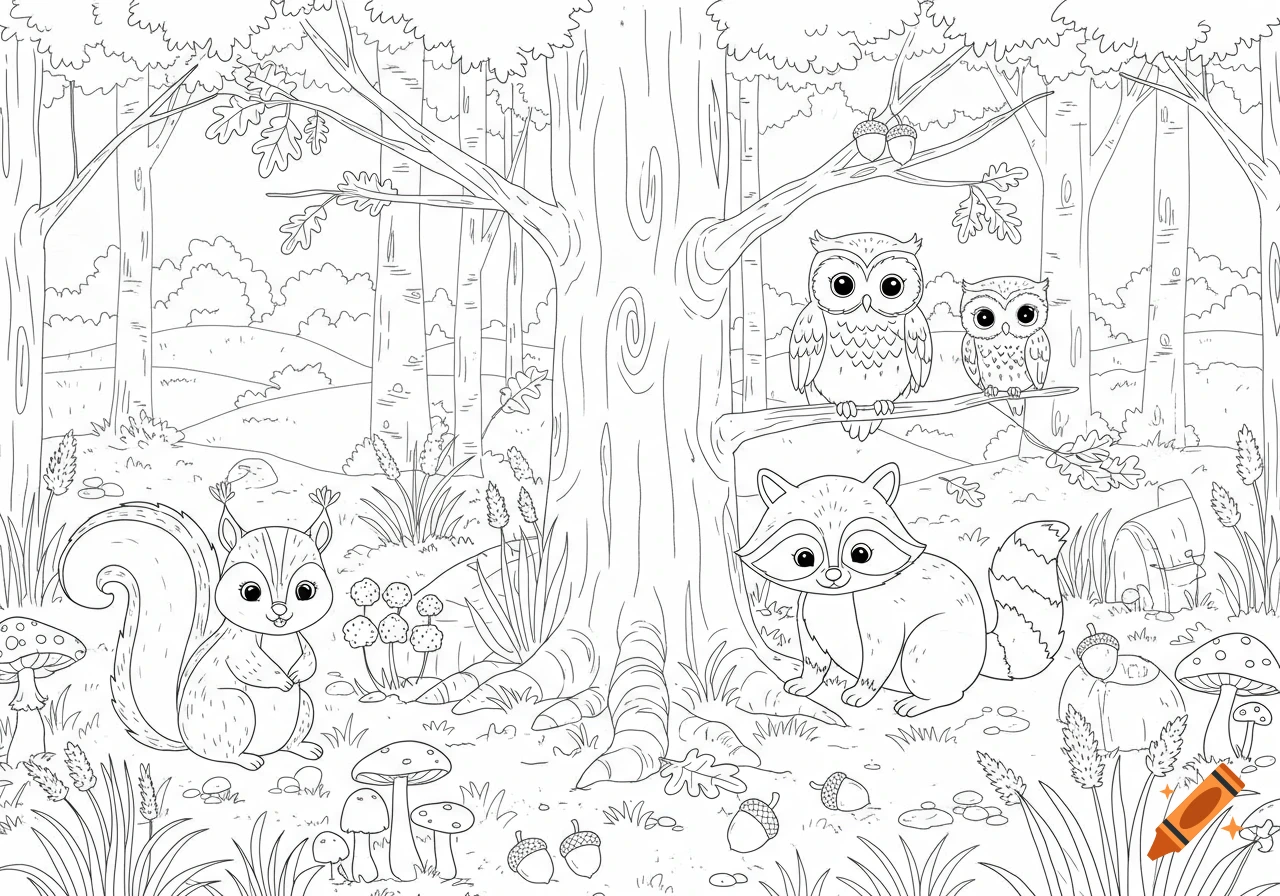 A line art coloring book page showing a squirrel, two owls, and a raccoon in a forest with mushrooms and acorns.