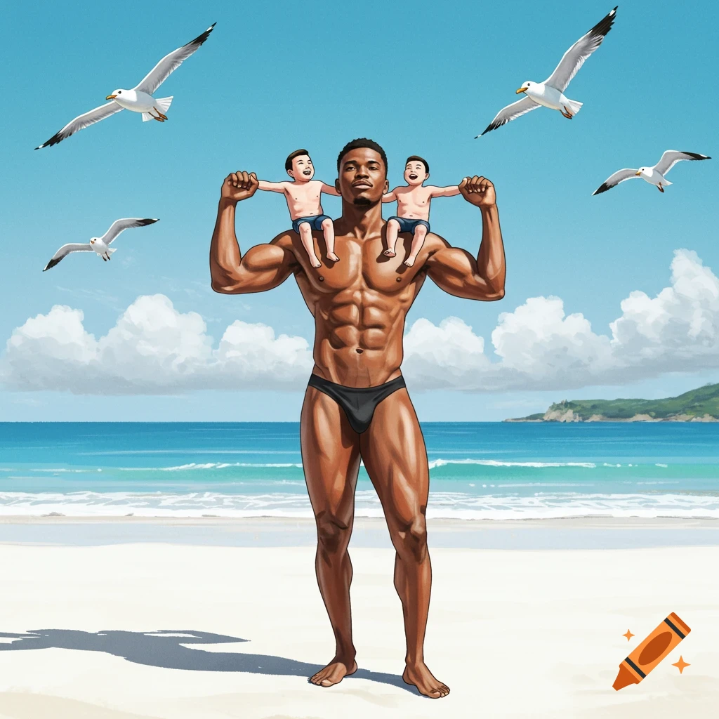A muscular man in a speedo carries two children on his shoulders at a sunny beach with seagulls, illustration.