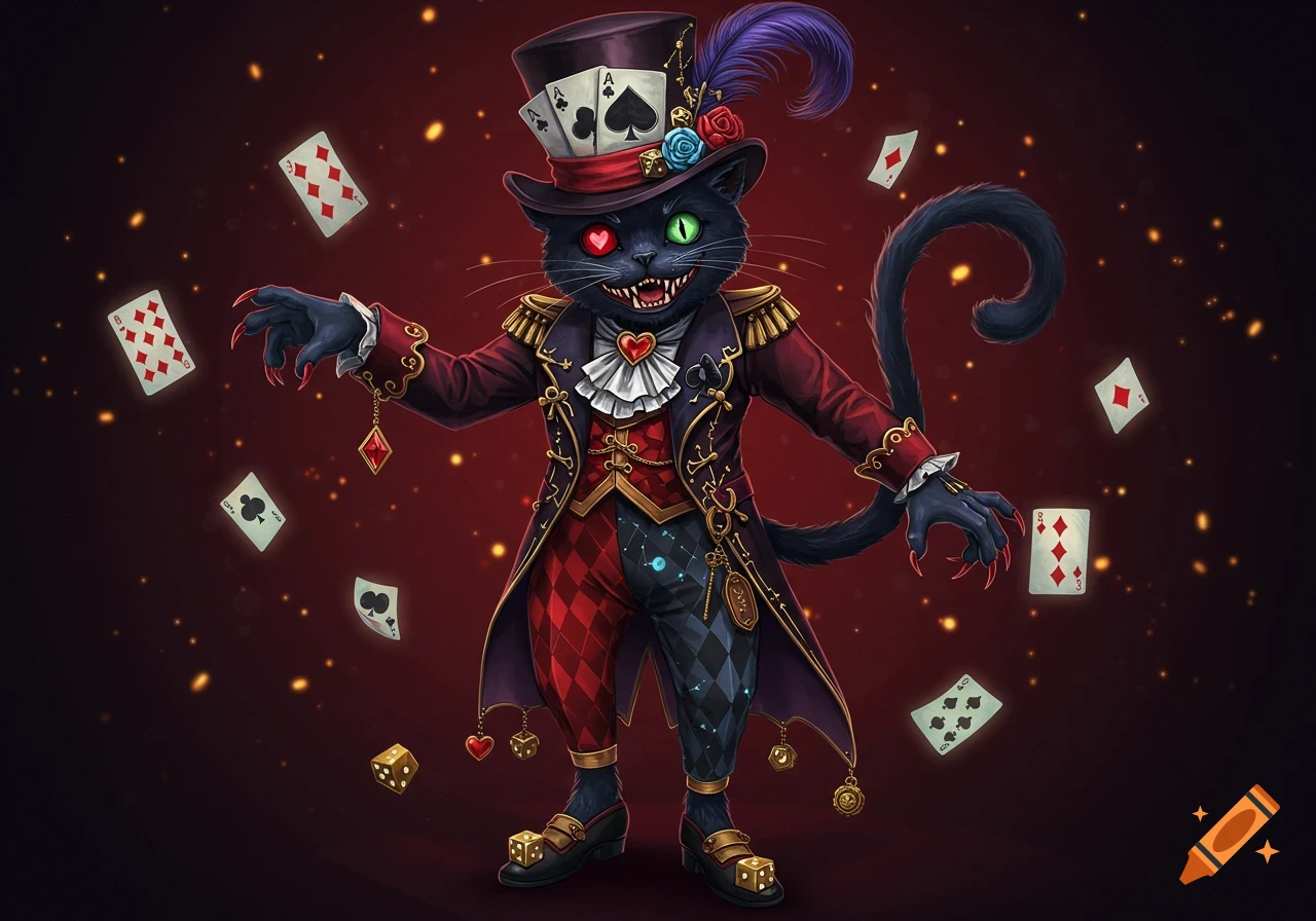 A black cat dressed as a macabre magician in a harlequin coat and top hat, with cards and dice floating around it.