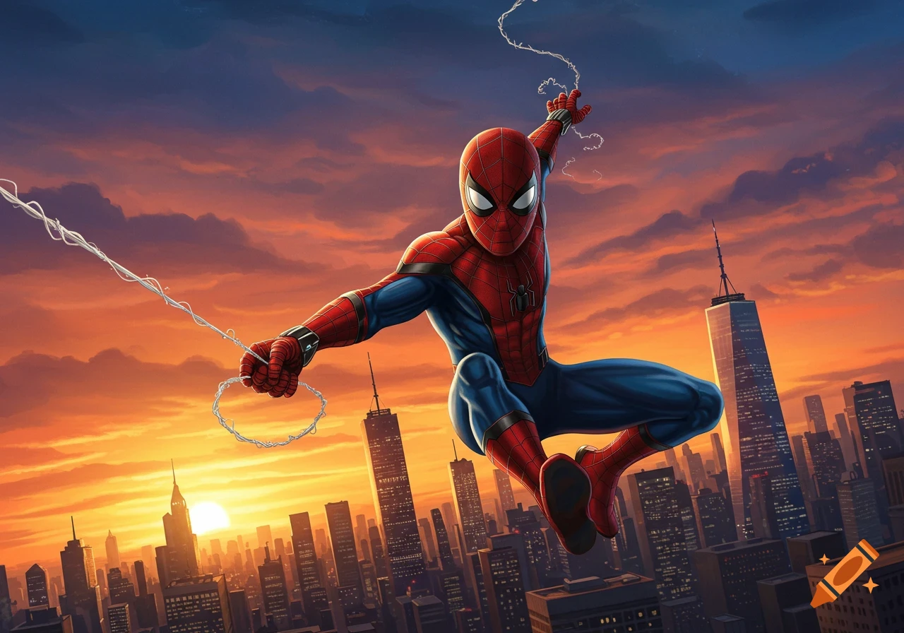 Spider-Man swings through a city at sunset, with buildings silhouetted against an orange and purple sky.