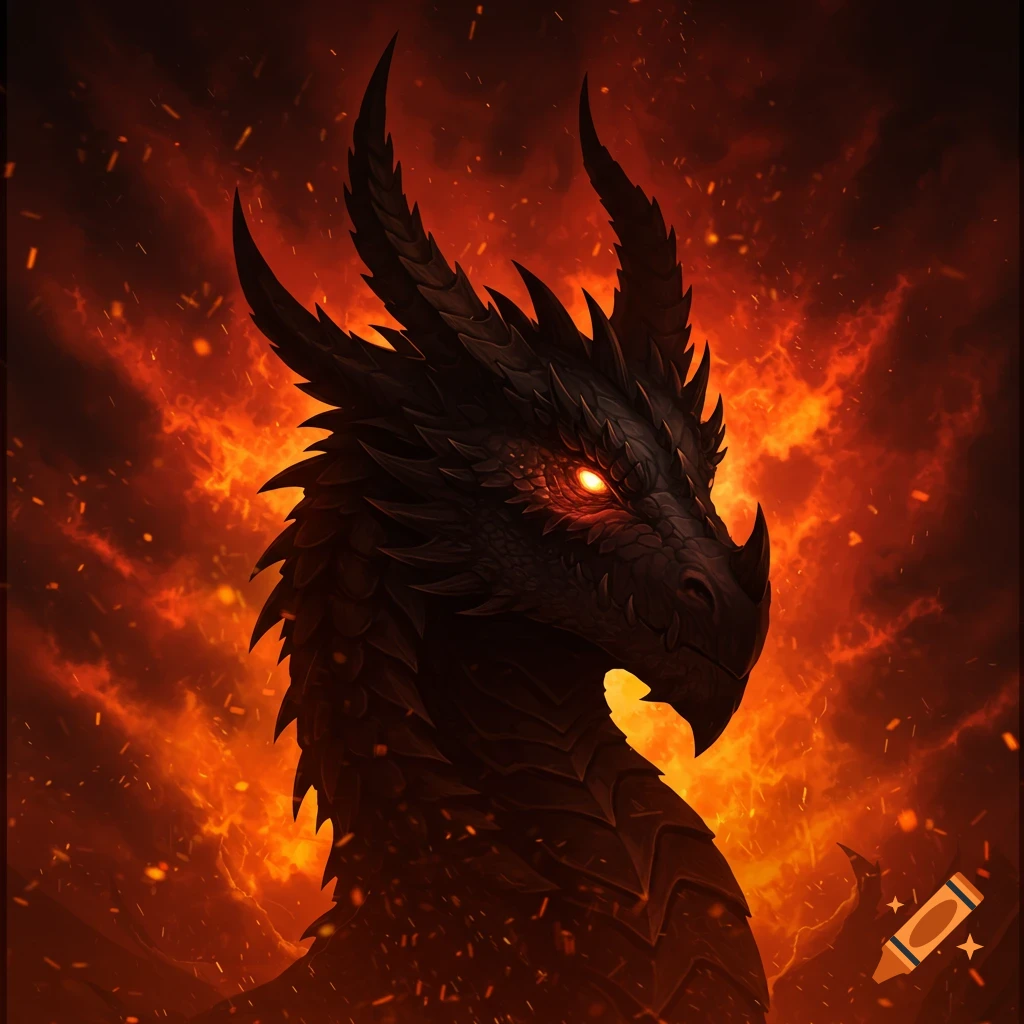 A dark dragon with glowing orange eyes and spiky horns against a fiery orange and red background.