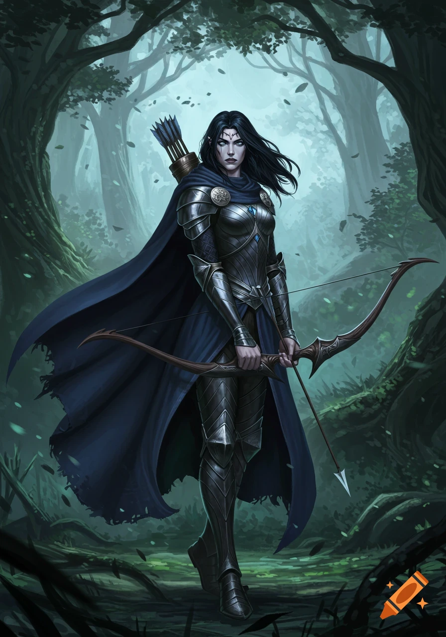 A dark-haired elf archer in ornate armor and blue cape stands in a mystical forest.
