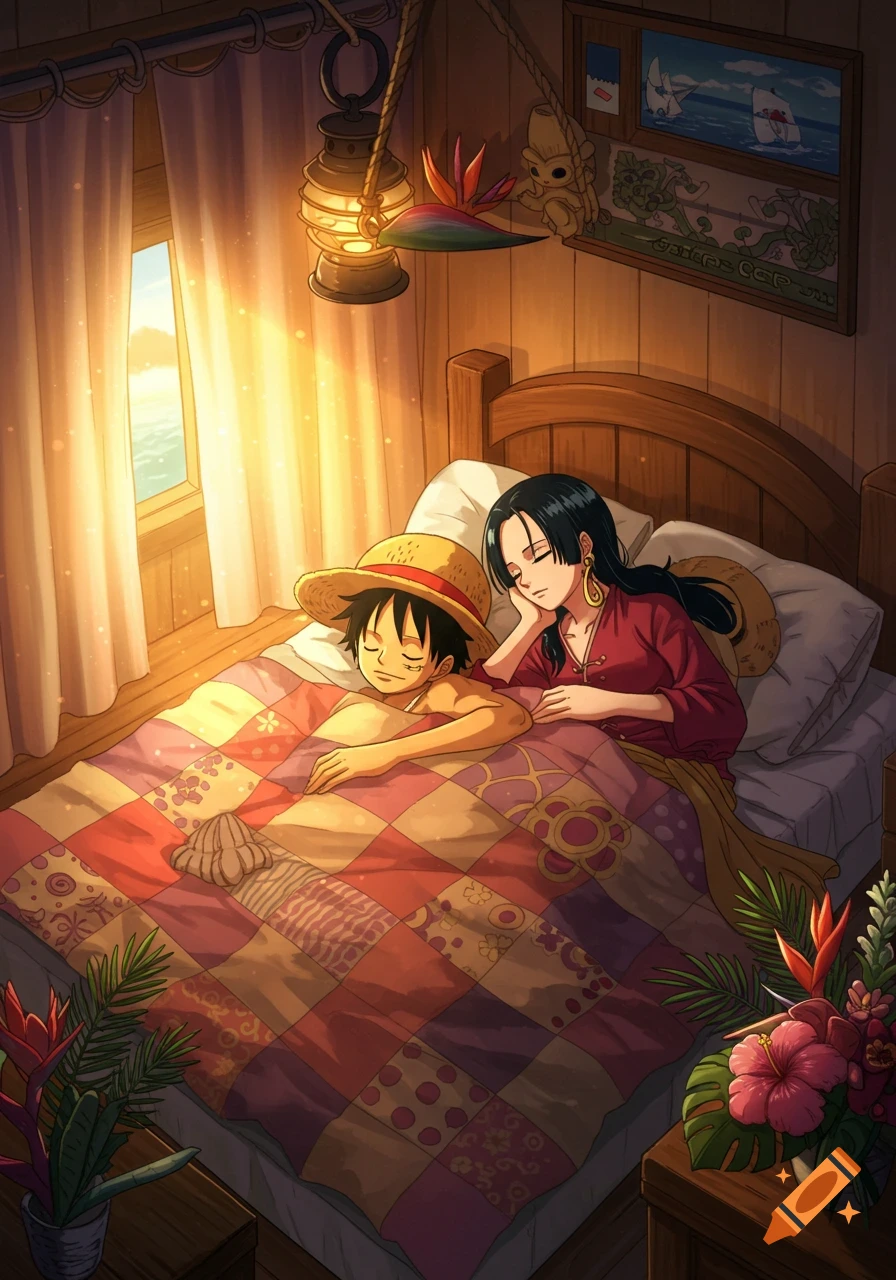 Anime drawing of Luffy and Hancock sleeping in a sunlit wooden room, cozy under a patterned quilt.