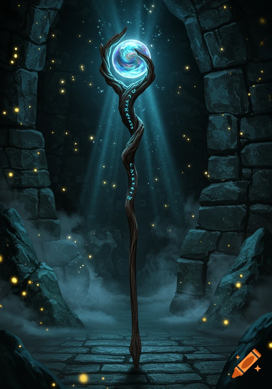 A glowing blue magical staff with intricate carvings stands in a dark, mystical stone chamber filled with light rays and glowing particles.