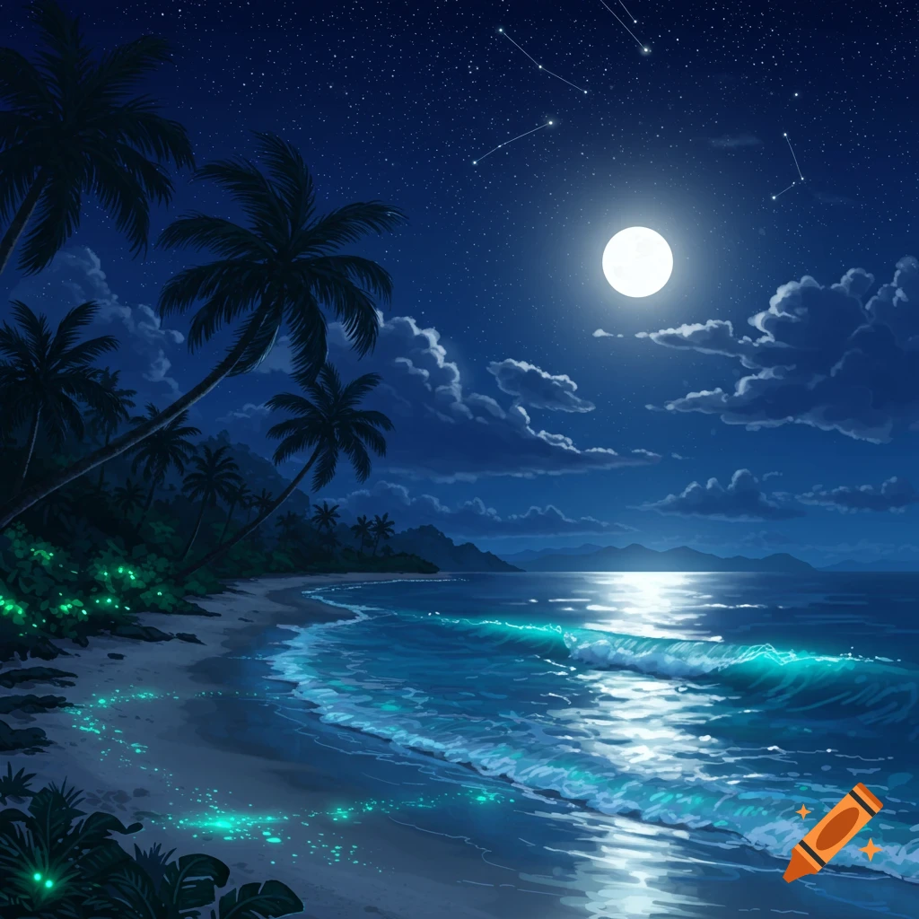 A vibrant, moonlit tropical beach at night with palm trees, bioluminescent waves, and a starry sky.