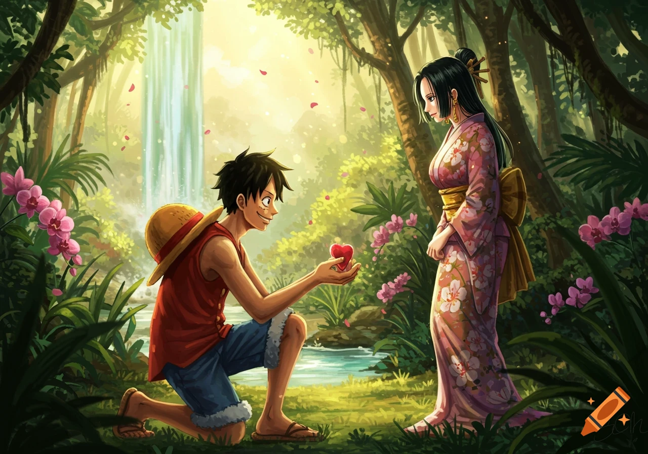 Anime style illustration of Luffy kneeling and offering a red heart to Hancock in a vibrant jungle with a waterfall and pink orchids.
