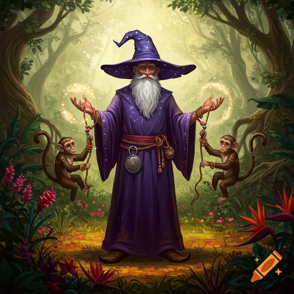 A wizard in a purple robe and pointed hat, with a long white beard, stands in a lush green forest, holding ropes with two small monkeys hanging.