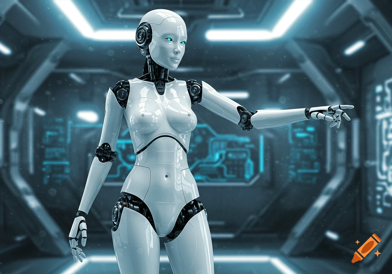 A photorealistic 3D render of a female robot made of white glossy plastic with blue eyes, standing in a futuristic blue-lit room, pointing with one hand.
