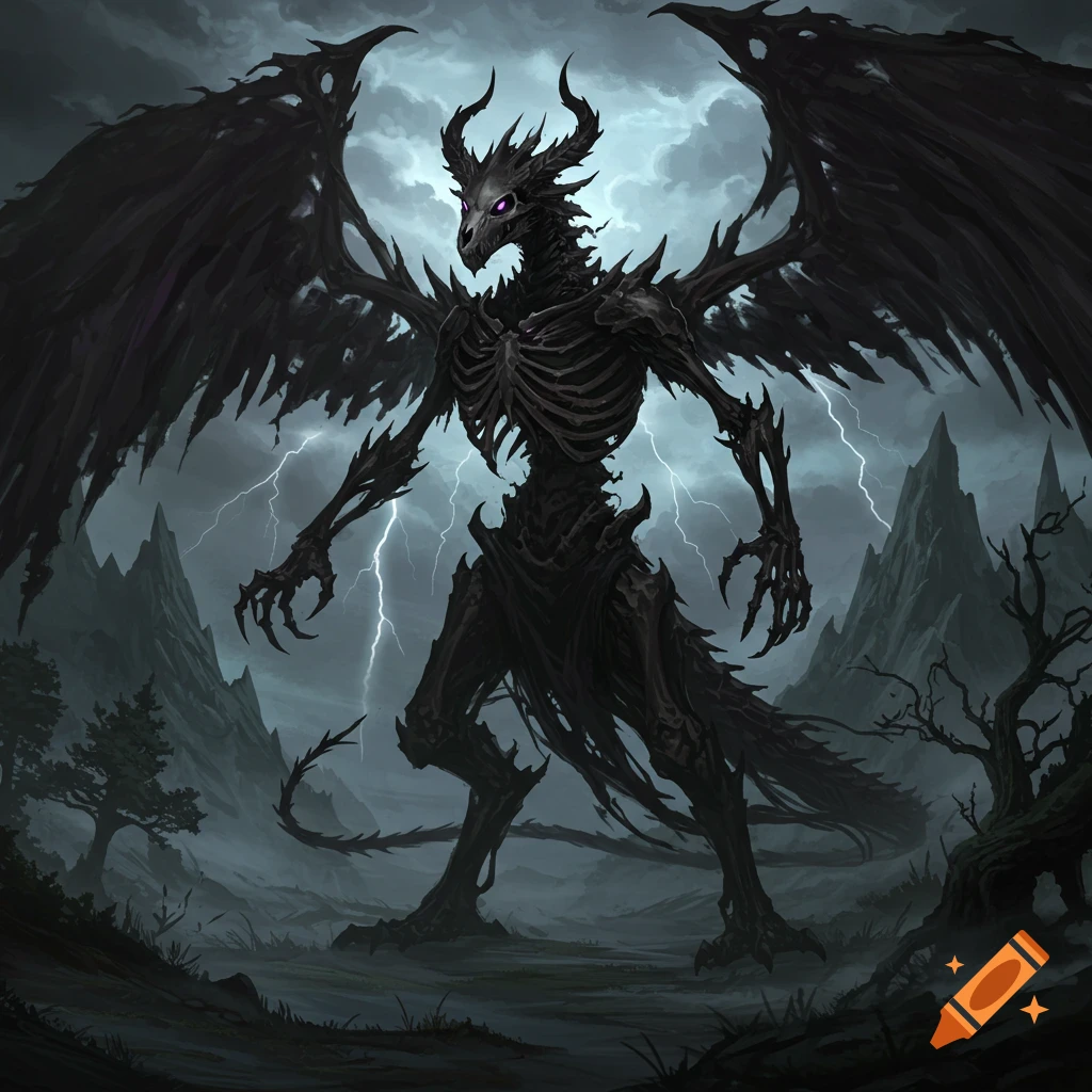 A skeletal, dark dragon-like creature with large wings and purple eyes stands in a stormy, mountainous landscape with lightning strikes.