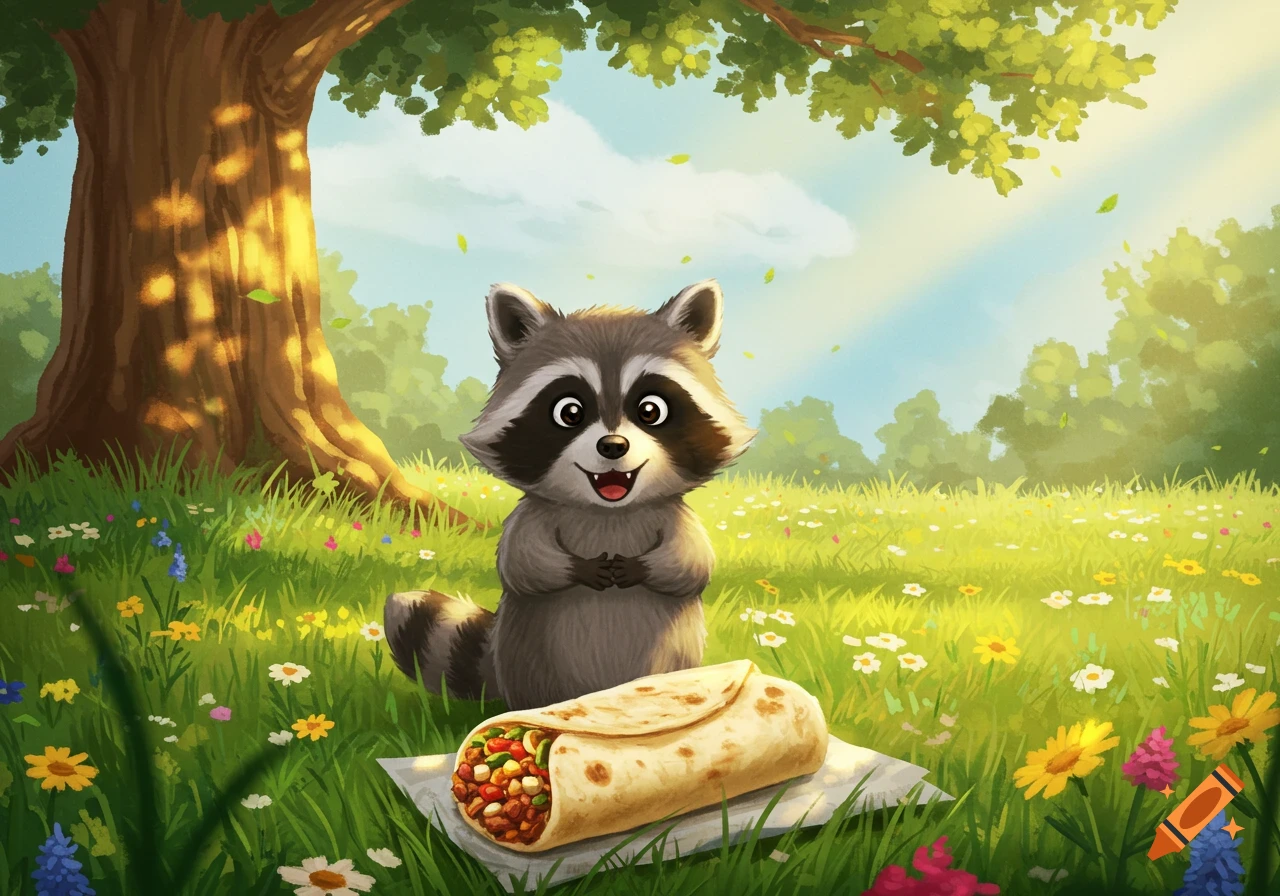 A cute cartoon raccoon sits in a sunny, grassy field with wildflowers, looking at a large burrito.