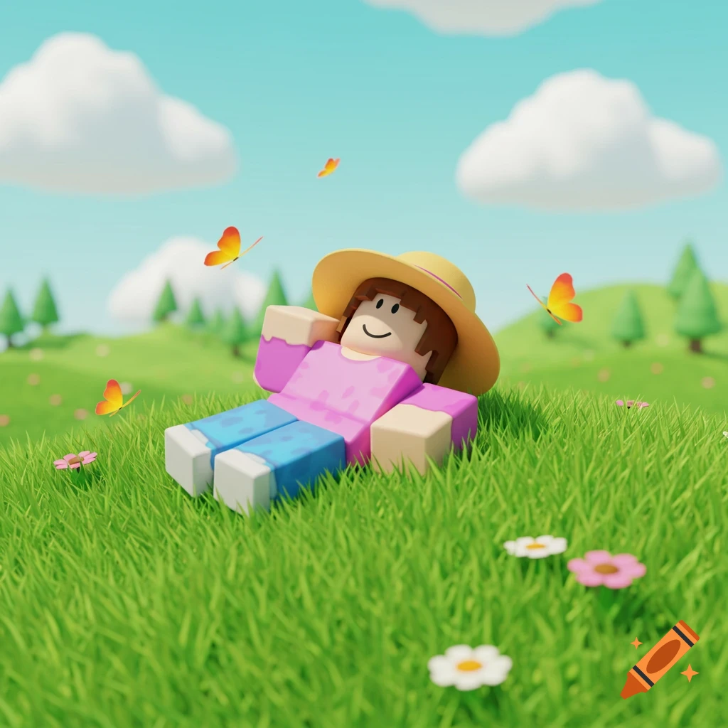 A Roblox character lies in green grass under a blue sky with clouds and butterflies.