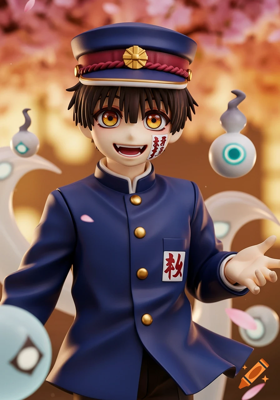 A detailed 3D anime figure of Hanako-kun in uniform and cap, with talismans, smiling, surrounded by ghosts and cherry blossoms.