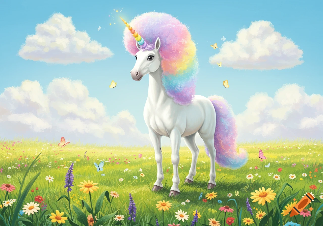 A white unicorn with a large rainbow afro-like mane and horn stands in a vibrant flower field with butterflies under a blue sky.