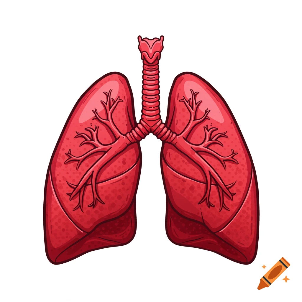 Comic style illustration of human lungs and trachea in red.