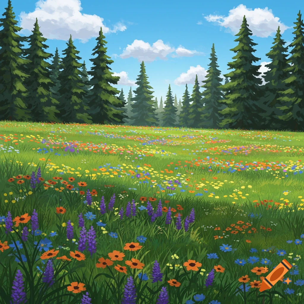 A vibrant, illustrative landscape of a green meadow filled with colorful wildflowers, bordered by tall evergreen trees under a bright blue sky.