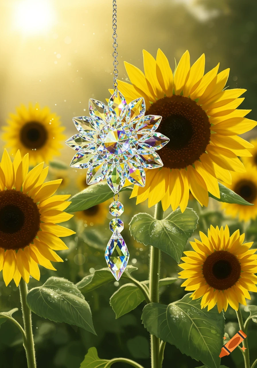 A sparkling crystal suncatcher shaped like a flower hangs in a sunlit field of yellow sunflowers.