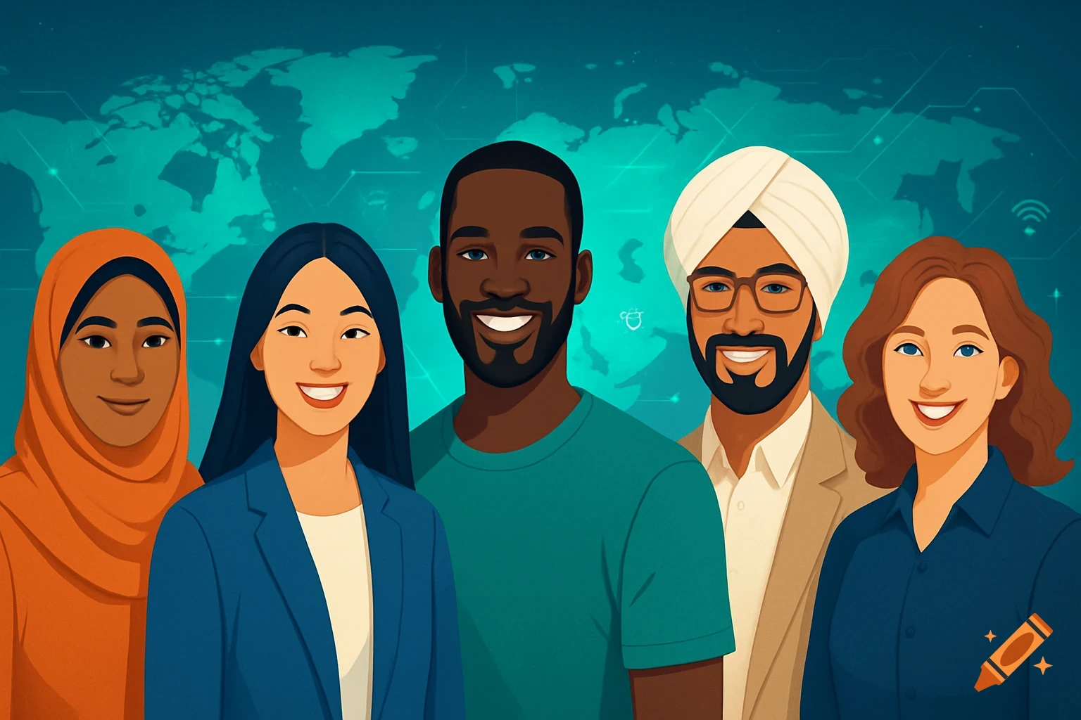 Illustration of diverse smiling professionals, three women and two men, in front of a teal world map background.