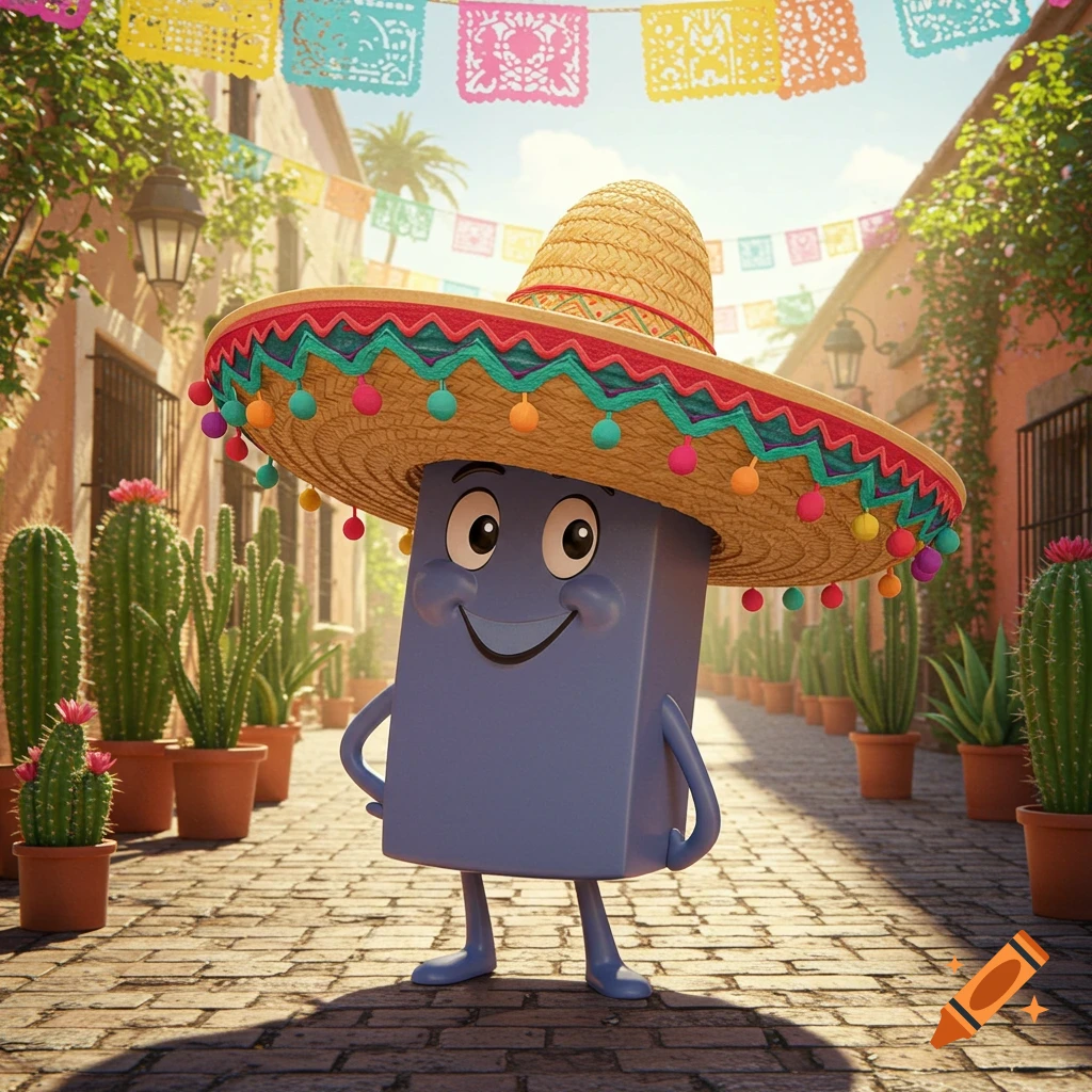 A smiling blue rectangular cartoon character wearing a large straw sombrero with colorful pom-poms stands on a cobbled street lined with cacti and festive banners.