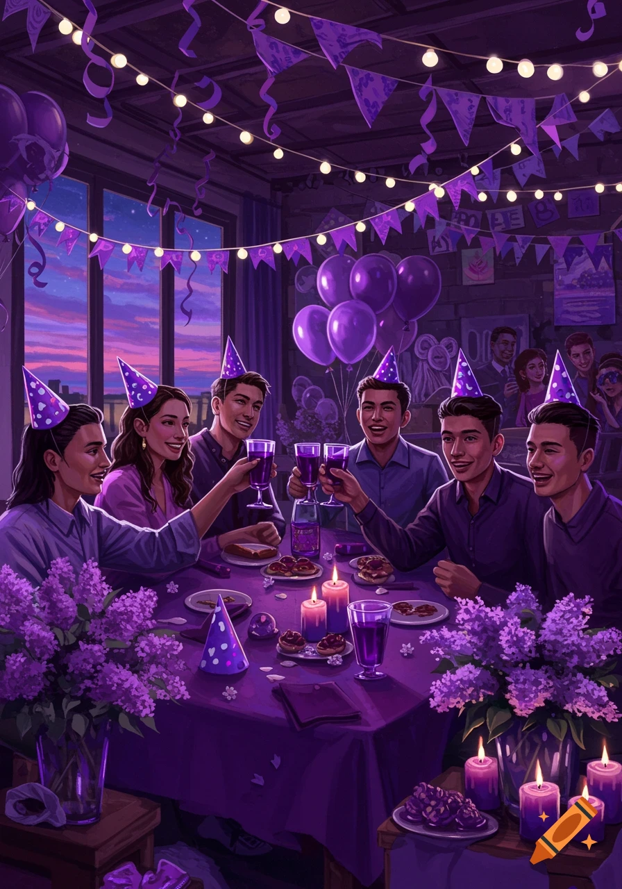Group of young adults wearing party hats raising glasses at a purple-themed leaving party, surrounded by purple decorations and flowers.