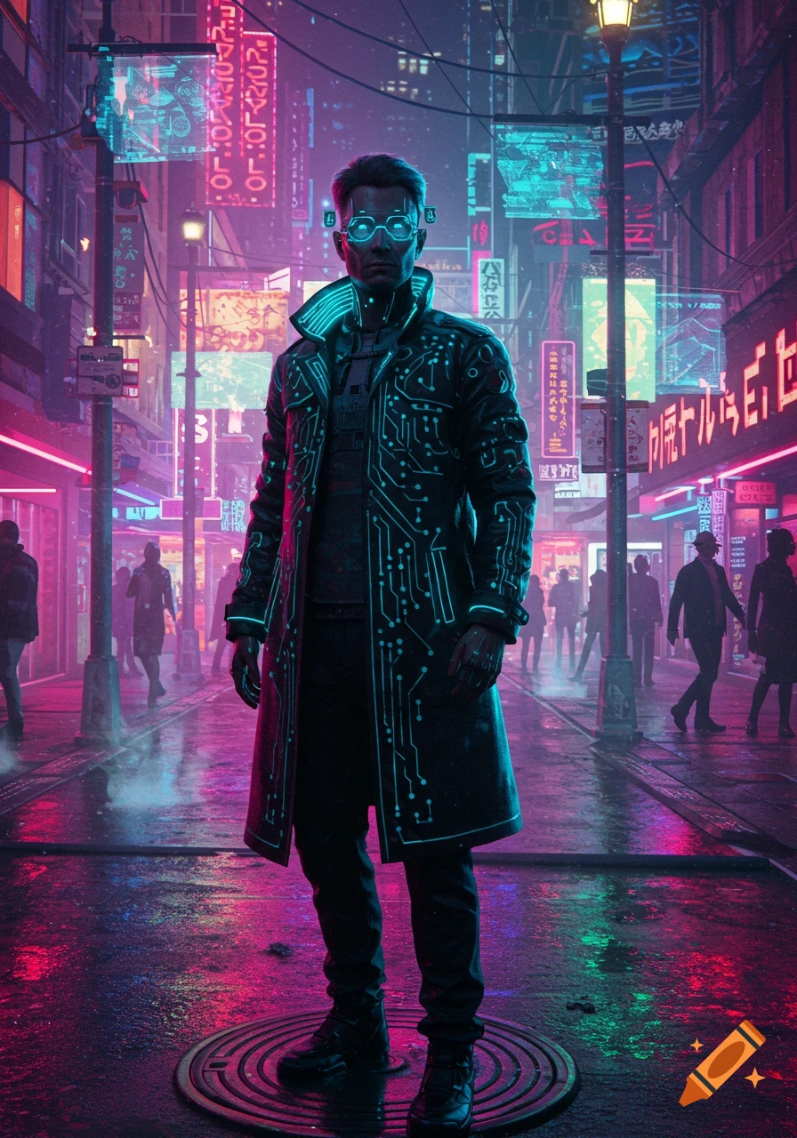 A man in a glowing circuit-pattern coat stands in a neon-lit cyberpunk city at night.