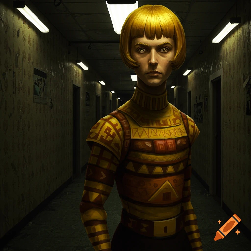 A stylized character with yellow bob hair and glowing eyes, wearing an ornate patterned tunic, stands in a dimly lit hallway with fluorescent lights.