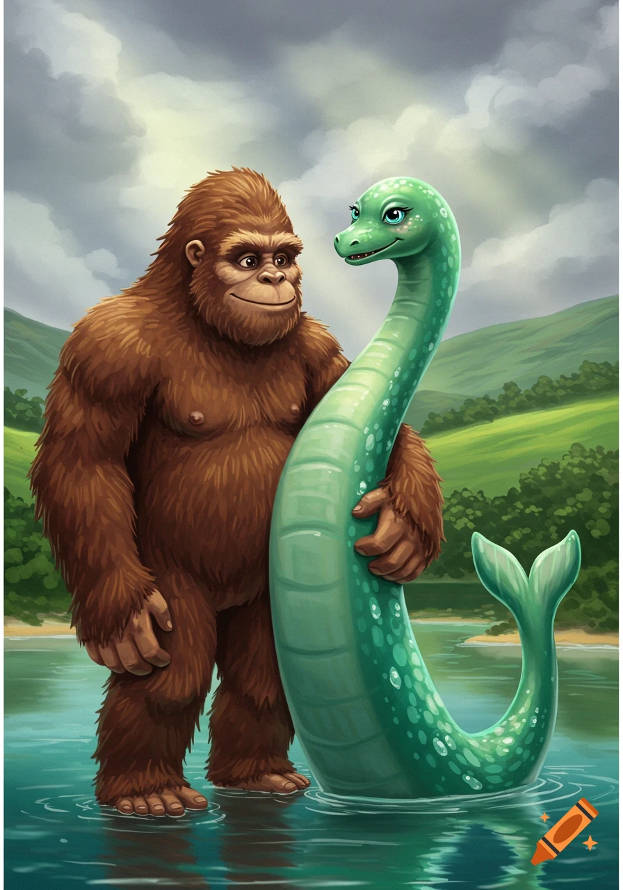 Cartoon illustration of Bigfoot standing in water, embracing Nessie, with green hills and cloudy sky in the background.