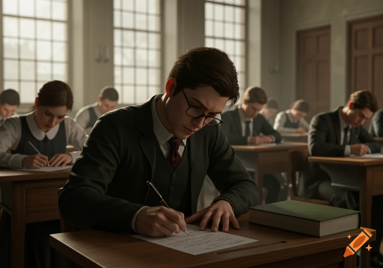 A focused student wearing glasses writes with their left hand on an exam paper at a desk in a classroom, with other students in the background.