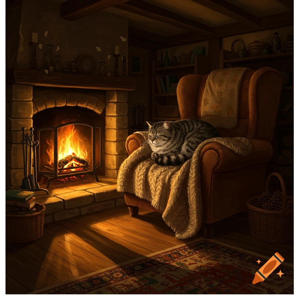A tabby cat sleeps curled up on a warm blanket in an armchair by a cozy fireplace in a dim, rustic room.