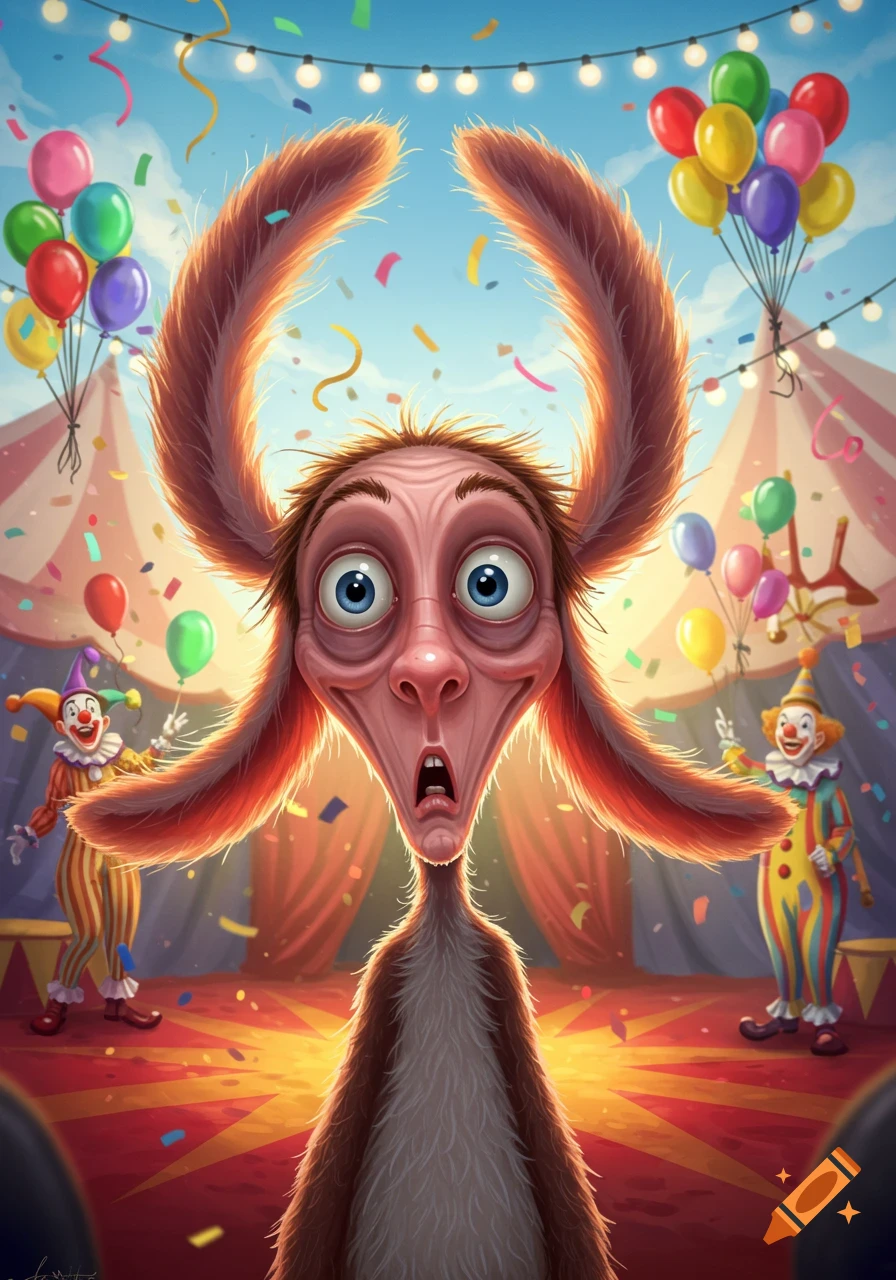 A wide-eyed, goofy, brown furry creature with large ears looks surprised in a colorful circus tent with clowns, balloons, and confetti.