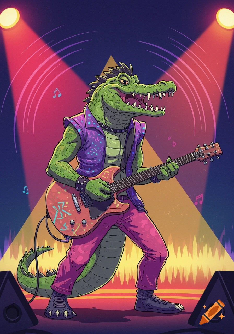 A green anthropomorphic alligator with a mohawk and rock outfit plays an electric guitar on a stage under bright spotlights, in a cartoon vector art style.